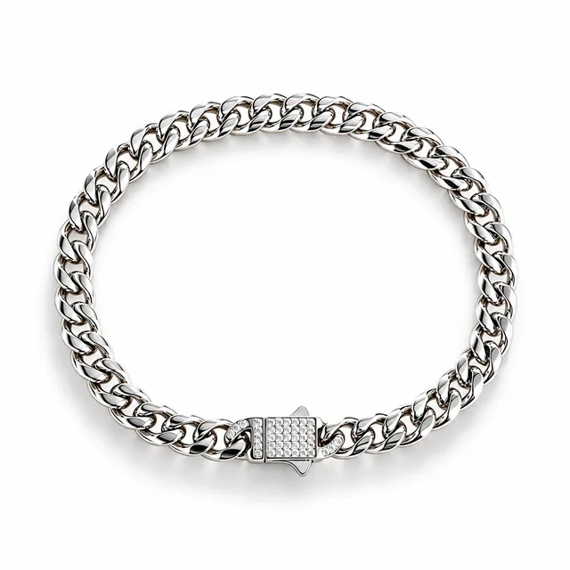 Cuban bracelet, pavé clasp · 6 mm · White stones, SKU JM-88C1109