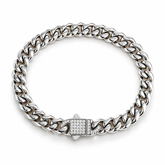 Cuban bracelet, pavé clasp · 8 mm · White stones, SKU JM-88C1110