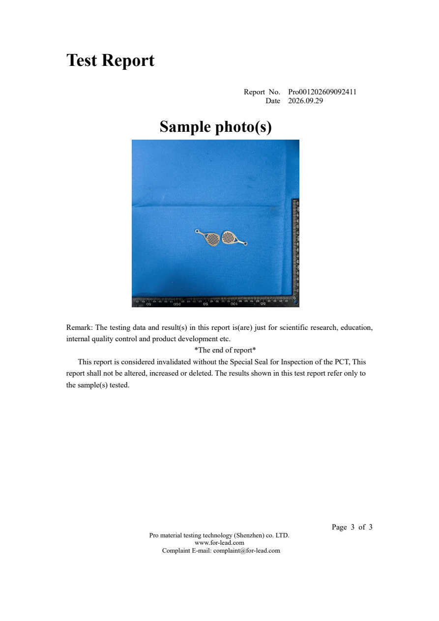316L Stainless Steel Composition Test Report, page 3 of 3