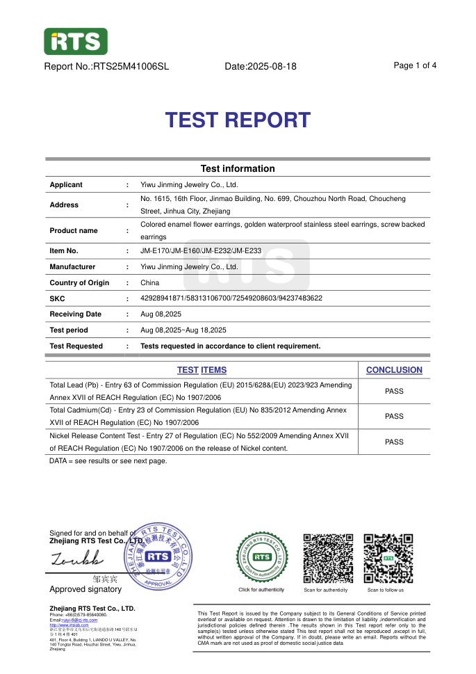 Preview of third-party test report for earring sample JM-E170