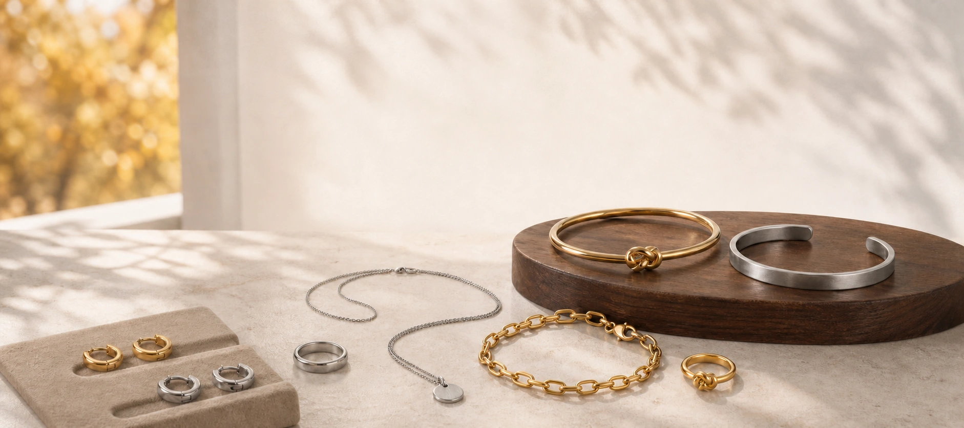 Gold and silver stainless steel jewellery in a warm autumn atelier